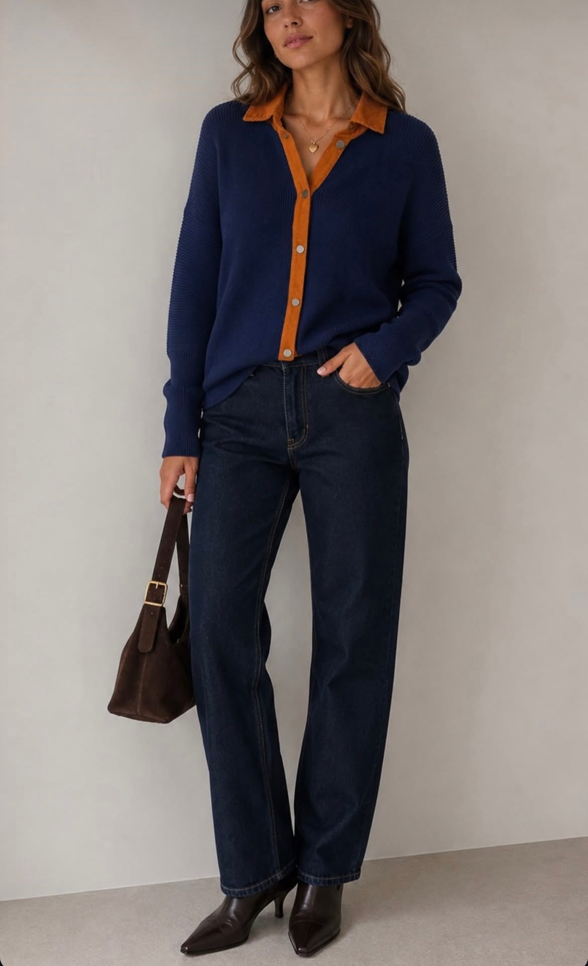 Ellison Navy - Orange button Sweater with Corduroy