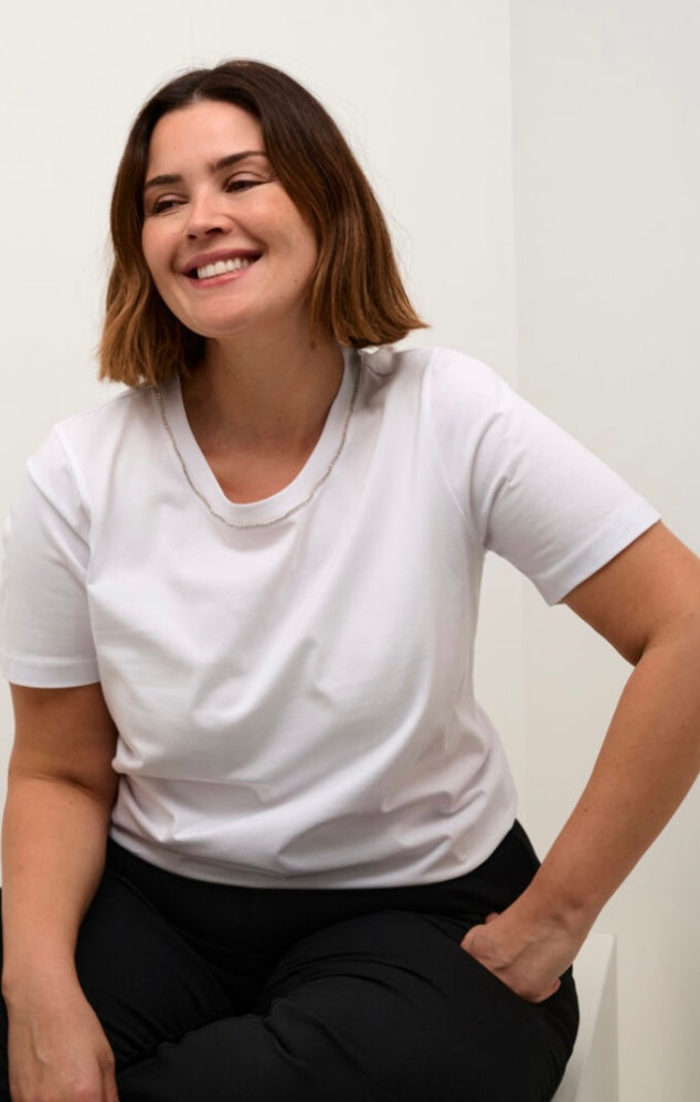Kaffe Curve White SS Rhinestone Collar T shirt