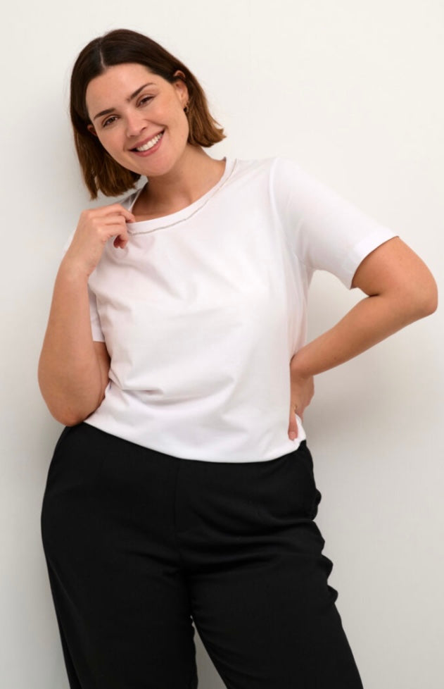 Kaffe Curve White SS Rhinestone Collar T shirt