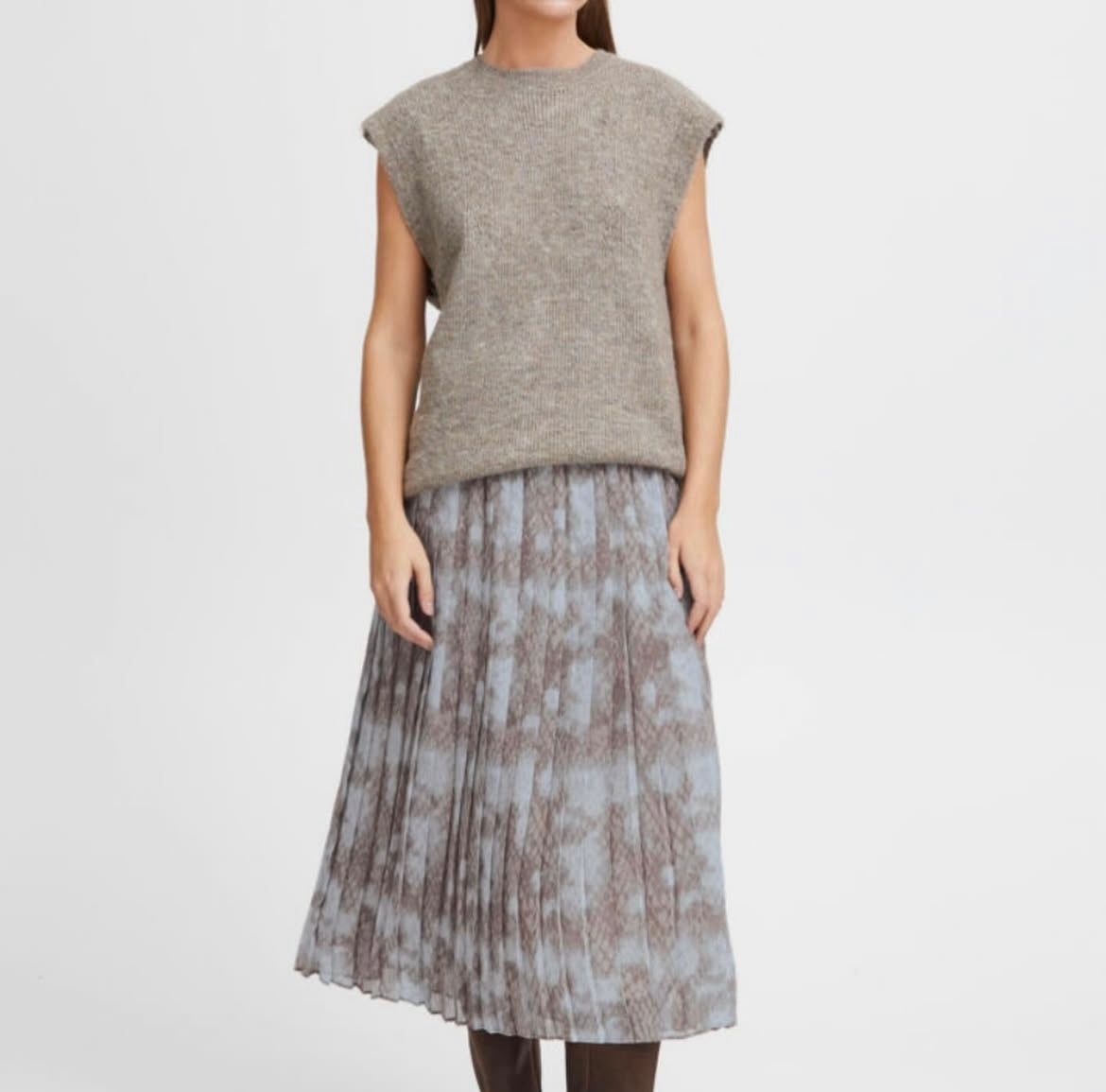 CREAM Multi Colour Pleated Lined Skirt