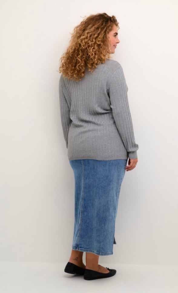 Kaffe Curve Long Light Grey V neck Sweater