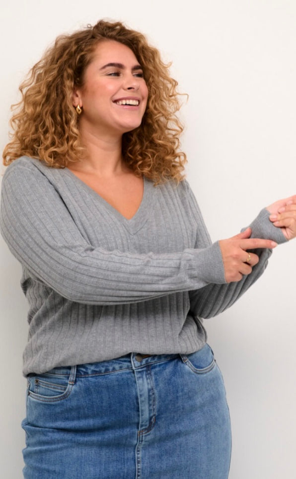 Kaffe Curve Long Light Grey V neck Sweater