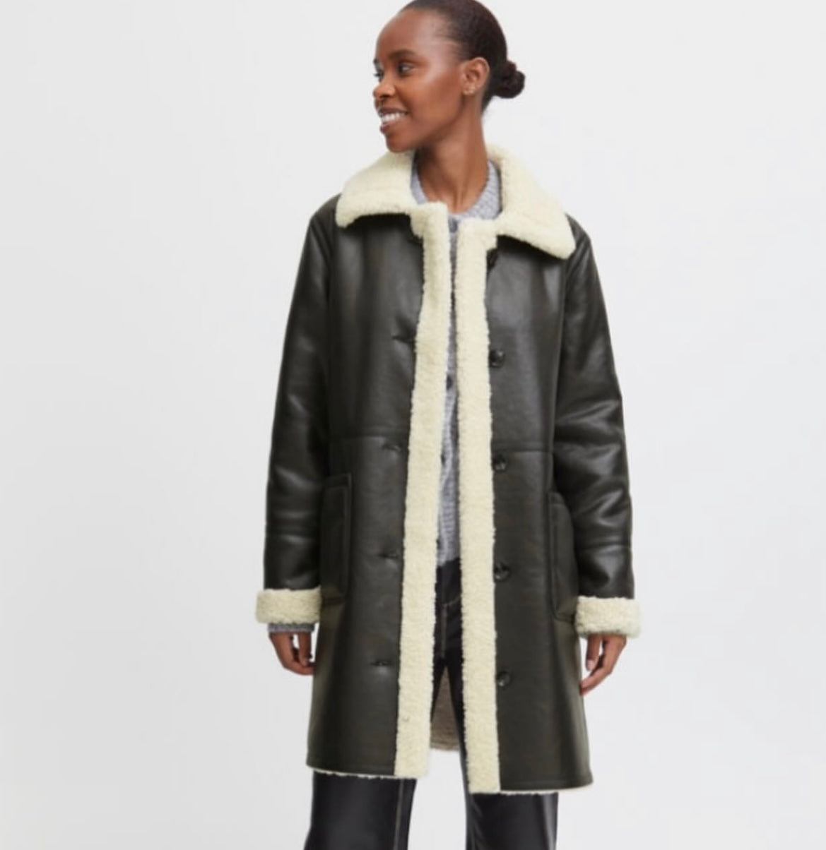 B Young Faux Leather Long Jacket (Sherpa Inside)