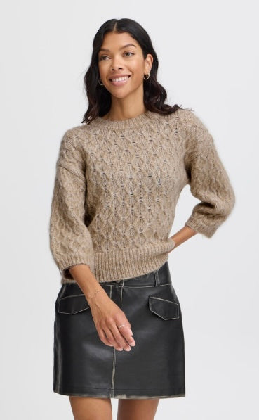 B young Taupe Knit Cable 3/4 Sleeve Sweater