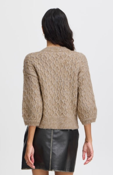 B young Taupe Knit Cable 3/4 Sleeve Sweater