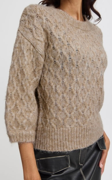 B young Taupe Knit Cable 3/4 Sleeve Sweater
