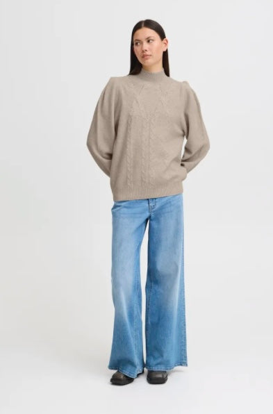 ICHI Taupe Knit Detailed Sweater