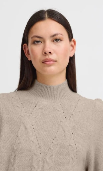 ICHI Taupe Knit Detailed Sweater