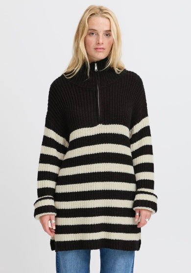 ICHI Black Knit Striped Oversized Sweater