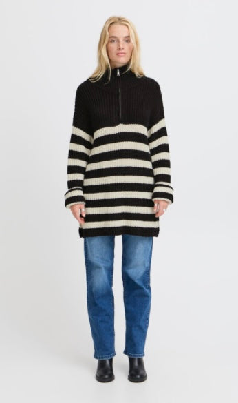 ICHI Black Knit Striped Oversized Sweater
