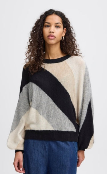 ICHI Grey Black Beige Bat Sleeve Sweater