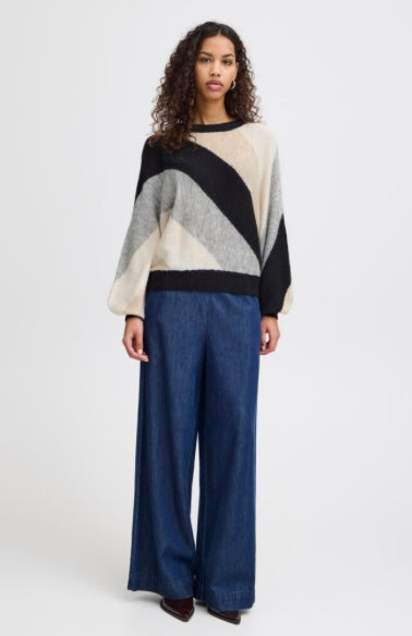 ICHI Grey Black Beige Bat Sleeve Sweater