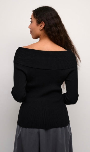 Kaffe Black Ribbed Off Shoulder Top
