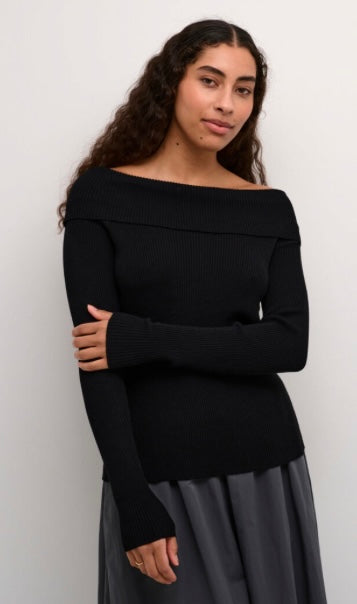 Kaffe Black Ribbed Off Shoulder Top