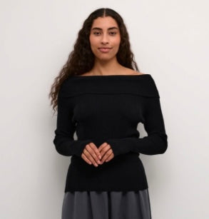 Kaffe Black Ribbed Off Shoulder Top