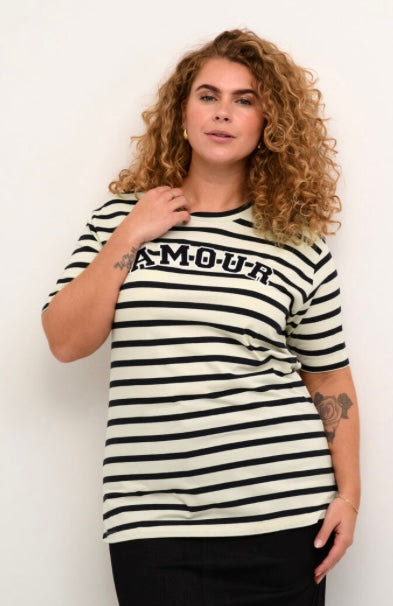 Kaffe Curve AMOUR Beige Black Stripe SS T shirt