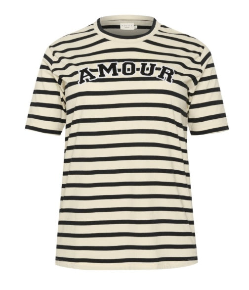 Kaffe Curve AMOUR Beige Black Stripe SS T shirt