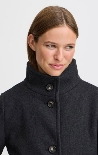 B young Black Melange Belted Mid Length Coat