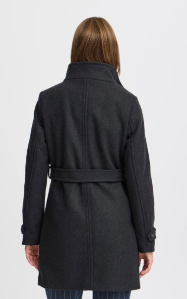 B young Black Melange Belted Mid Length Coat