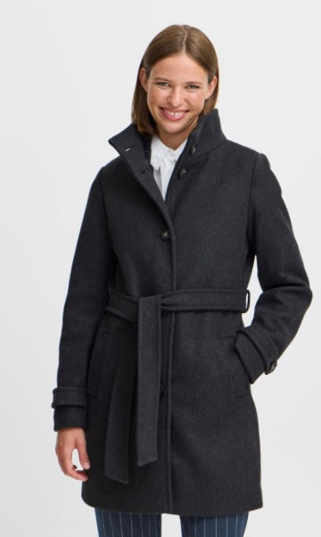 B young Black Melange Belted Mid Length Coat