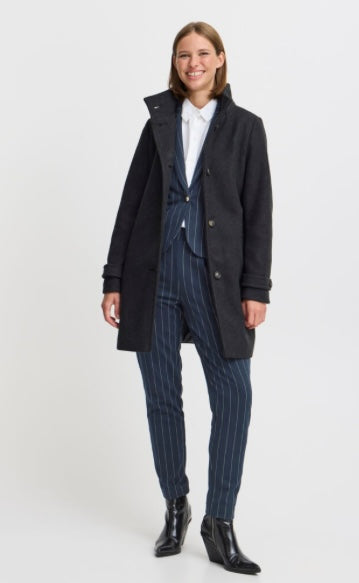 B young Black Melange Belted Mid Length Coat