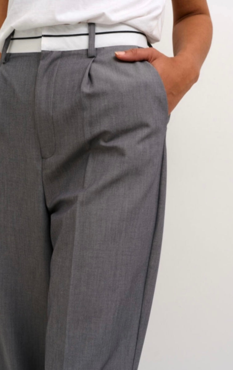 Kaffe Grey Wide Leg Pant with White Waistband