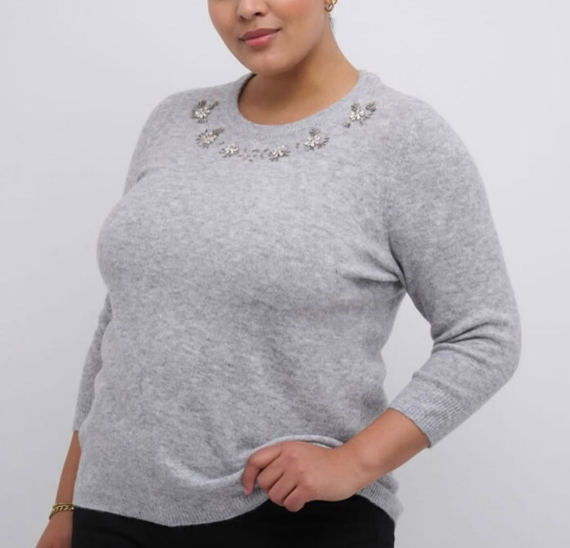 Kaffe Curve Grey Knit Sweater with Rhinestones