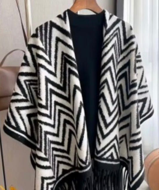 Black and white Abstract Wrap with Fringe