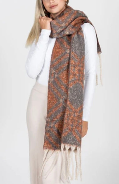 C’est Moi Argyle Printed Burnt Orange/Grey Scarf