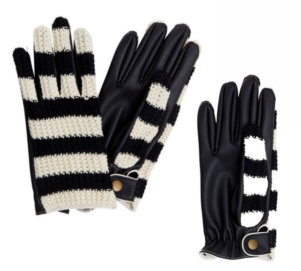 ICHI Black and Cream Stripe Gloves