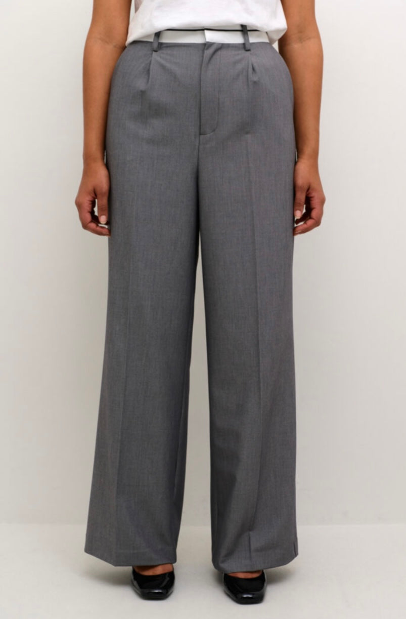 Kaffe Grey Wide Leg Pant with White Waistband