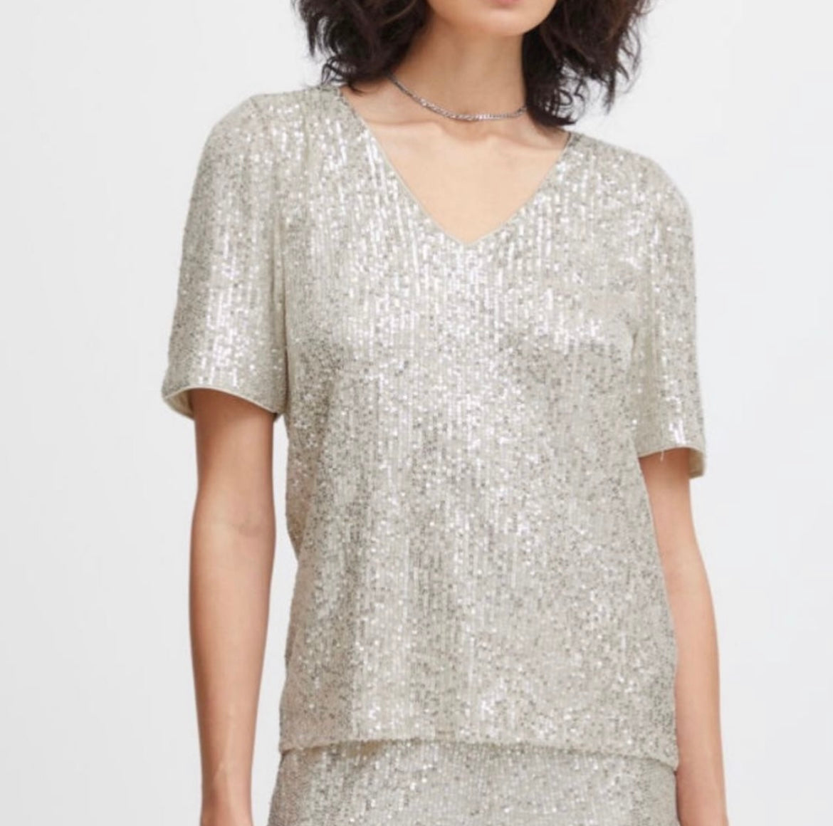 ICHI Frosted Almond Sequence V neck Top