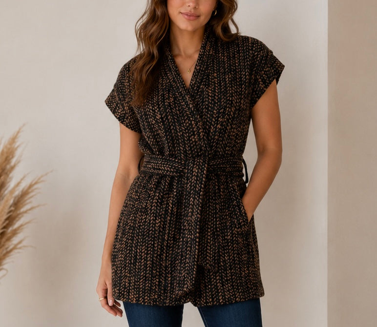 Printed Tweed Vest with Belt