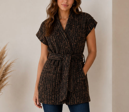 Printed Tweed Vest with Belt