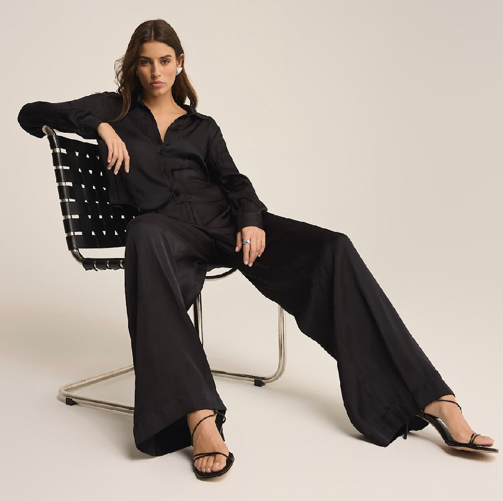 Deluc Black Satin Wide Leg Pant