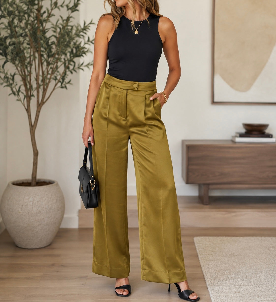 B young Olive Satin Wide Leg Pant
