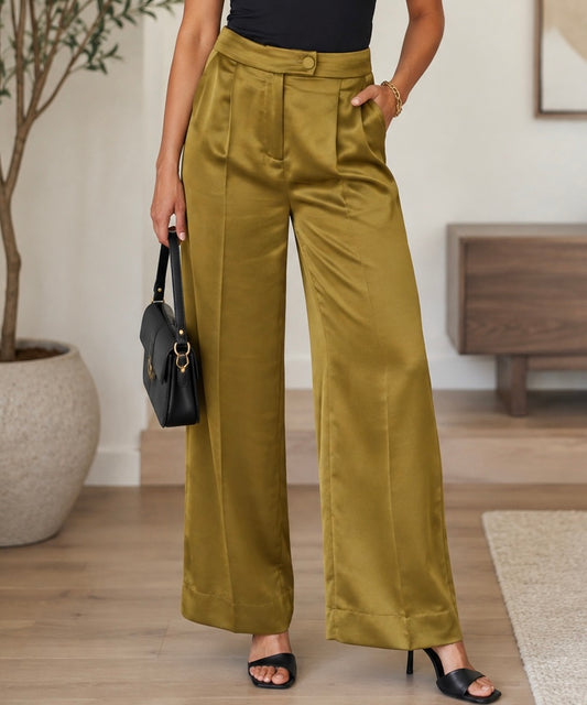 B young Olive Satin Wide Leg Pant