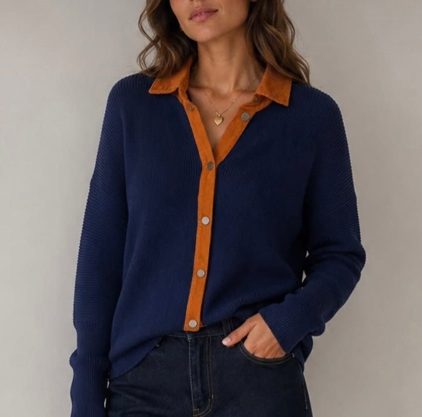 Ellison Navy - Orange button Sweater with Corduroy