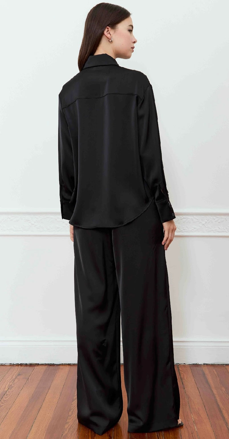 Deluc Black Satin Wide Leg Pant