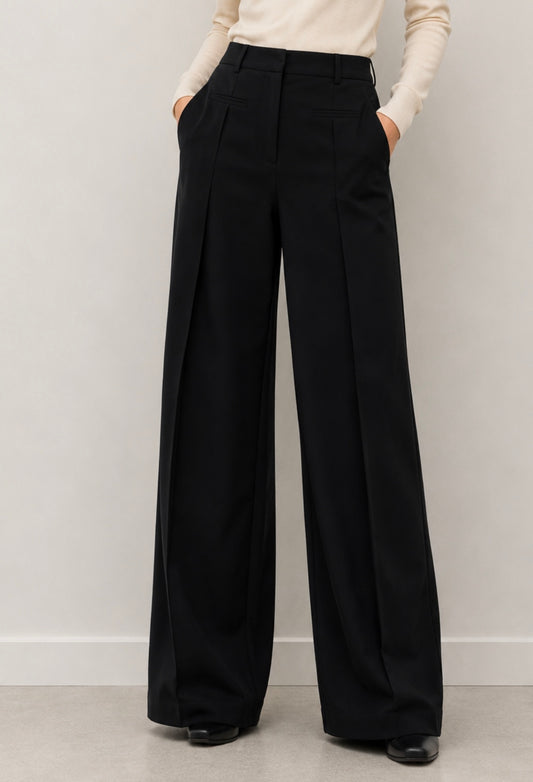 CREAM Black Wide Front Pockets Pleated Leg Pant