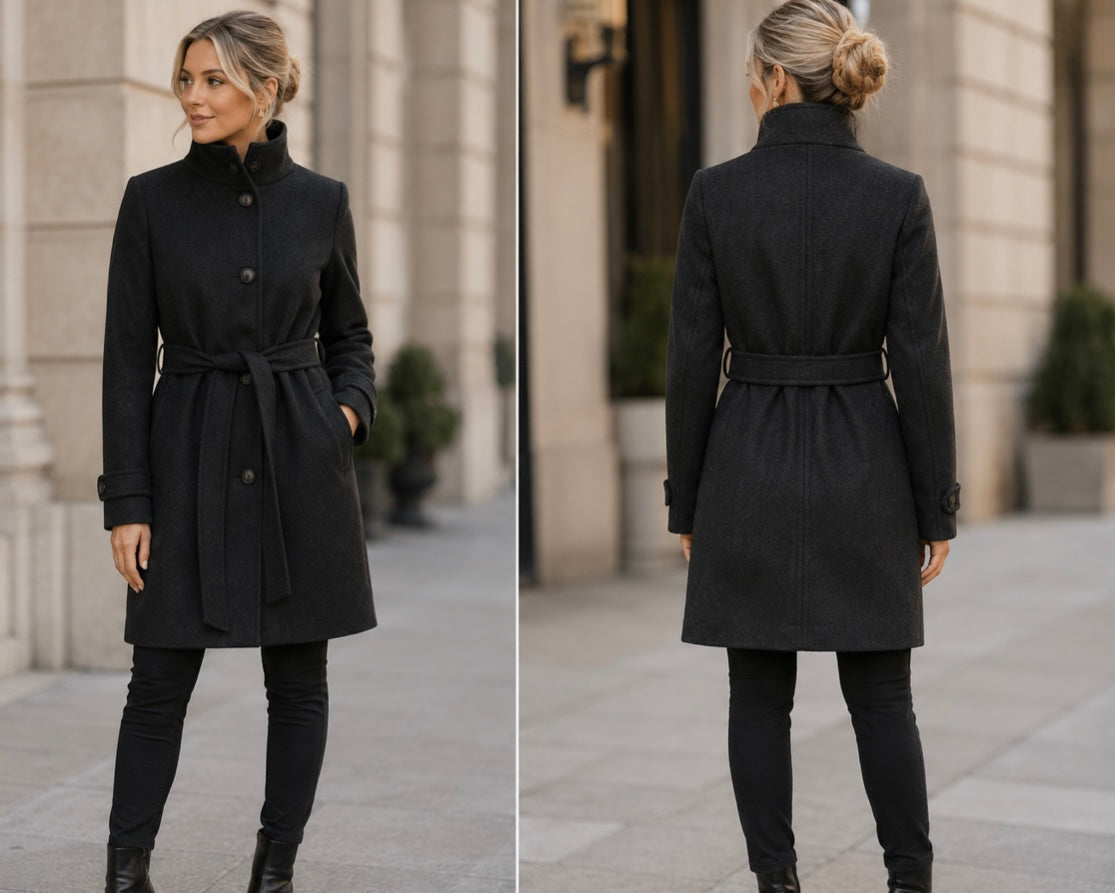 B young Black Melange Belted Mid Length Coat
