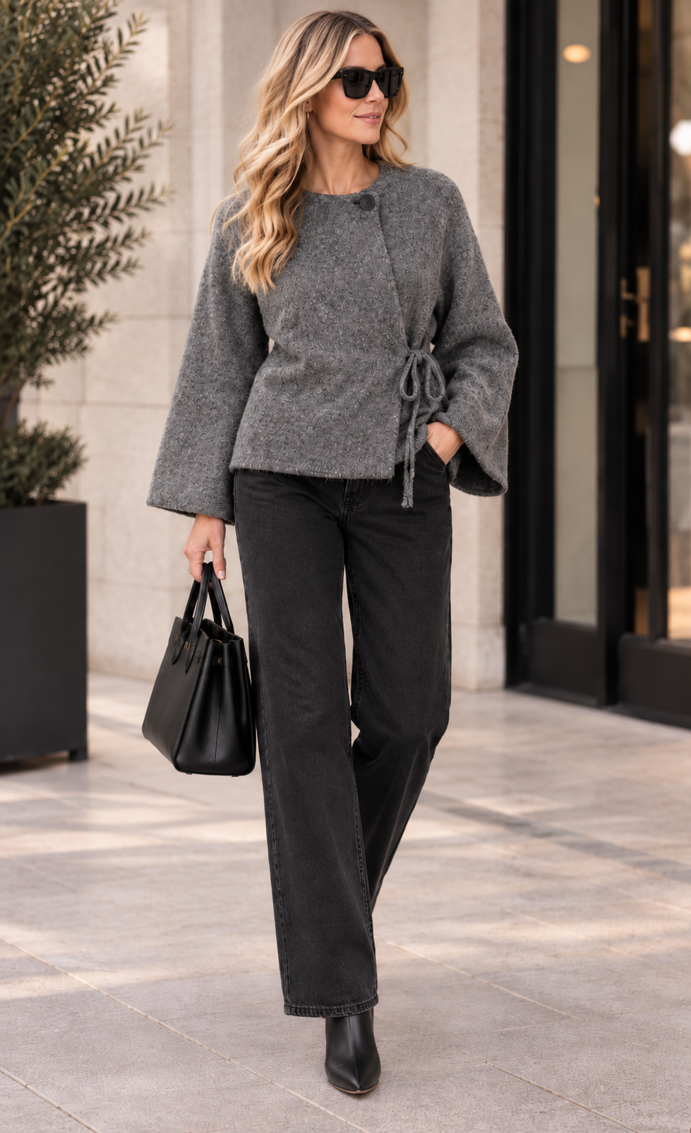 Grey Wrap Top with Flare Sleeve