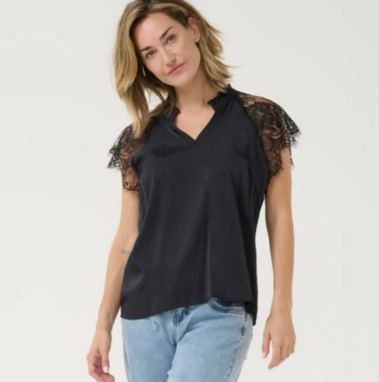 CREAM Black with Lace Sleeves Top