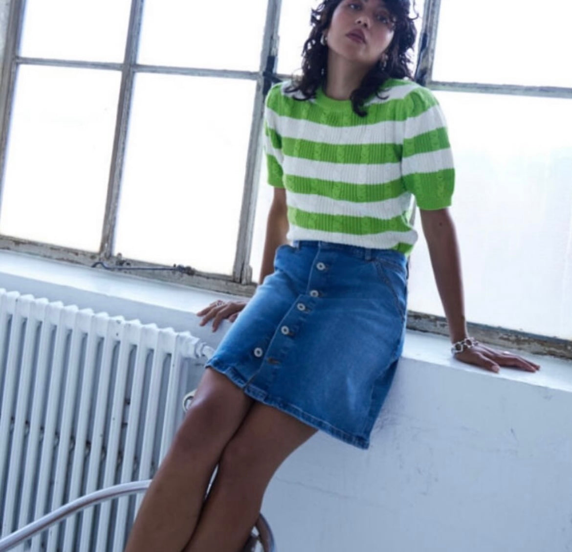 ICHI Side Pocket Buttoned Denim Skirt