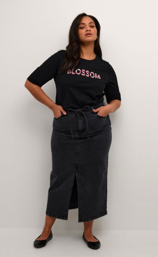 Kaffe Curve Black Wash Denim Skirt with Tie