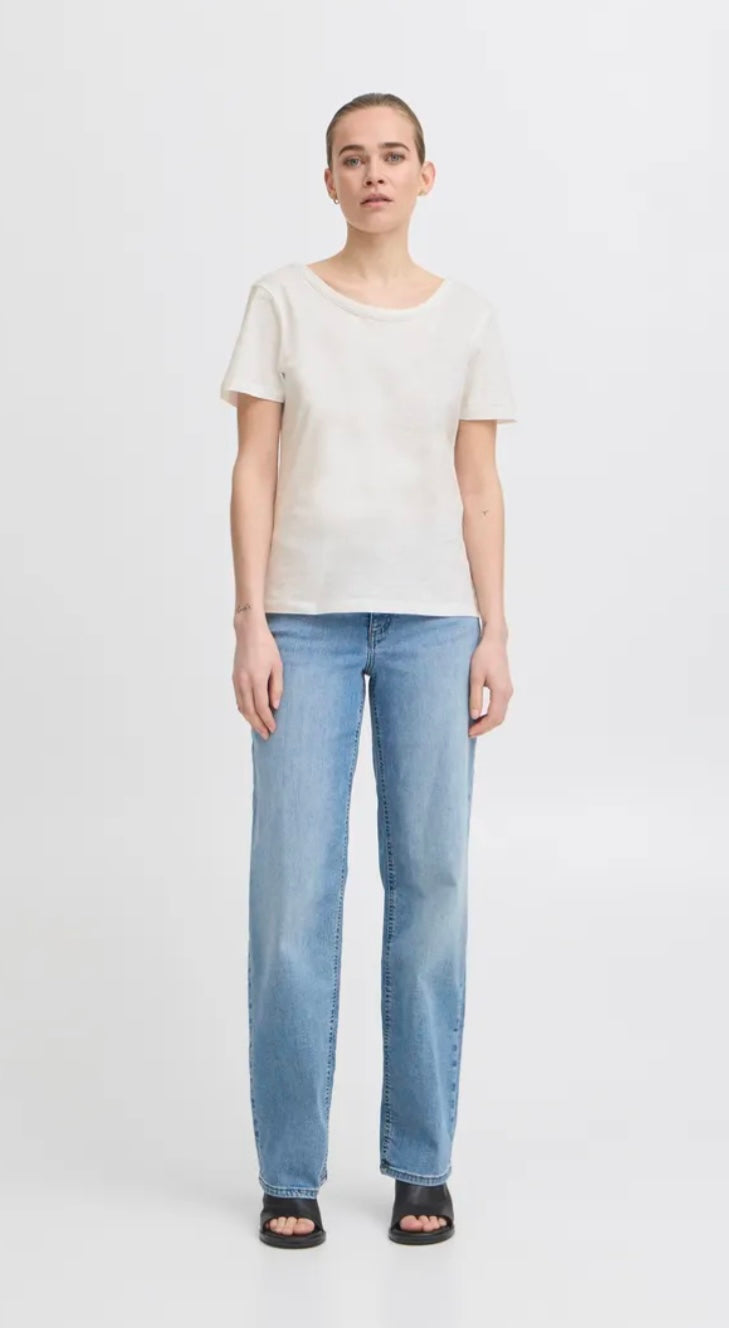 ICHI White SS T Shirt with Piping Collar