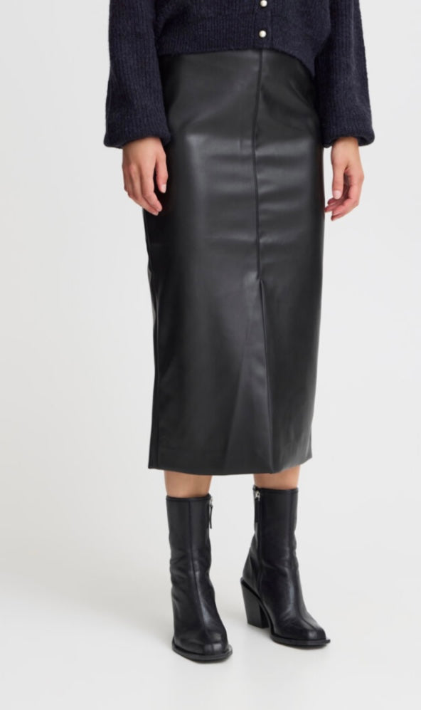 ICHI Faux Leather Long Skirt
