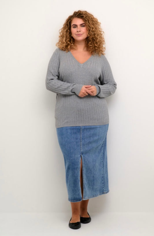 Kaffe Curve Long Light Grey V neck Sweater
