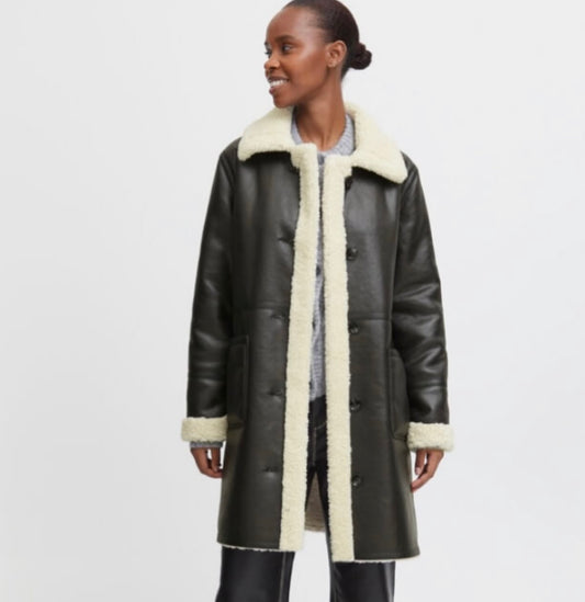 B Young Faux Leather Long Jacket (Sherpa Inside)
