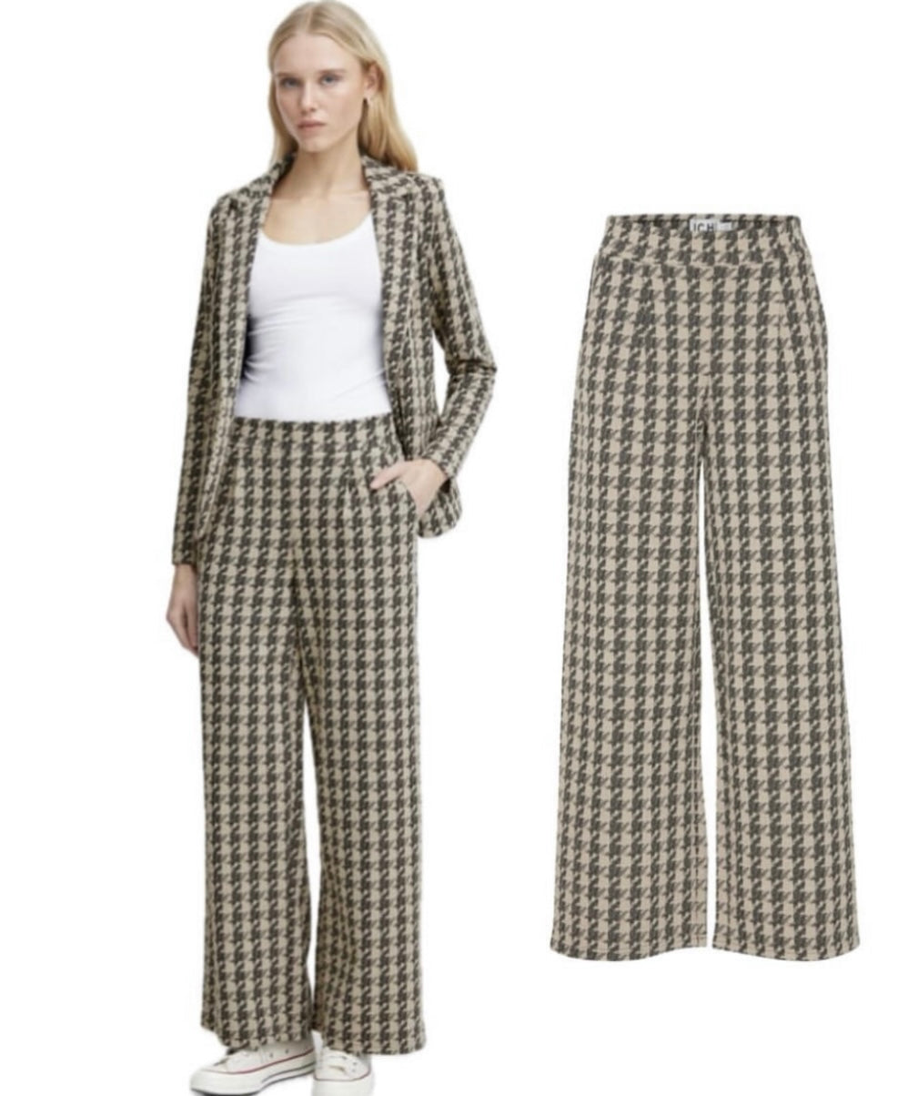 ICHI Brown/Black Detailed  Wide Elastic Band Pant